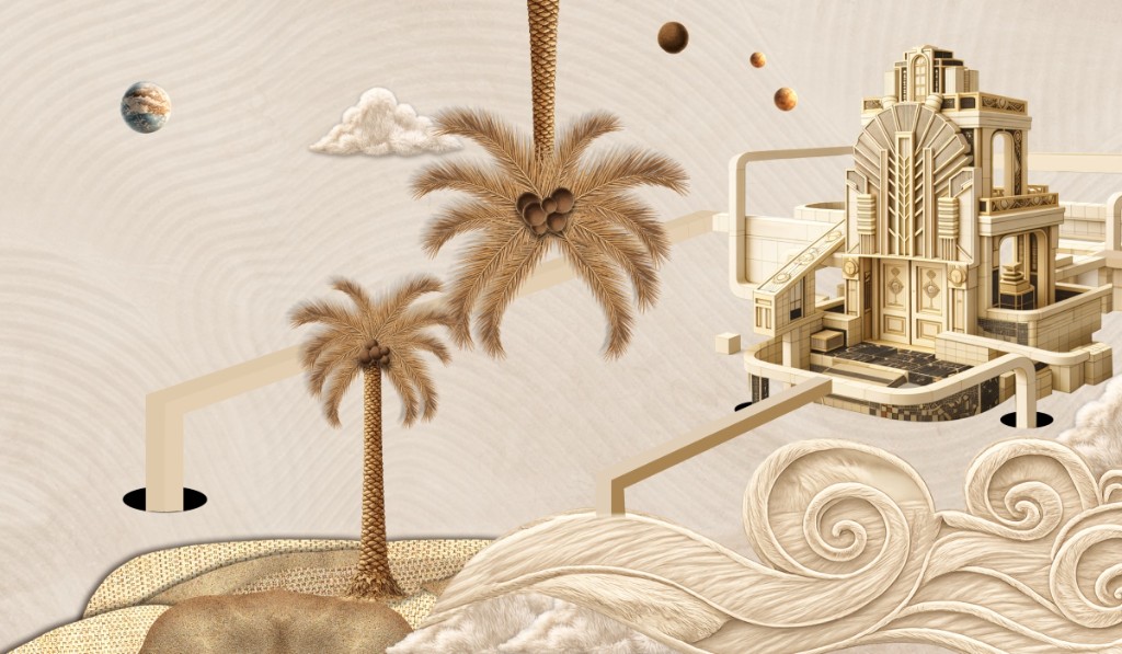 Emergence — sculptural clouds, palm motifs, and a tiger spirit emerging from a textured terrain
